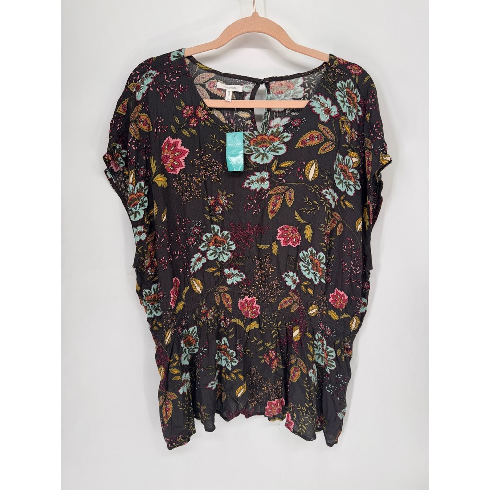 Maurices Top Women 2X Black NWT Floral Smocked Waist Peplum Dolman Blouse